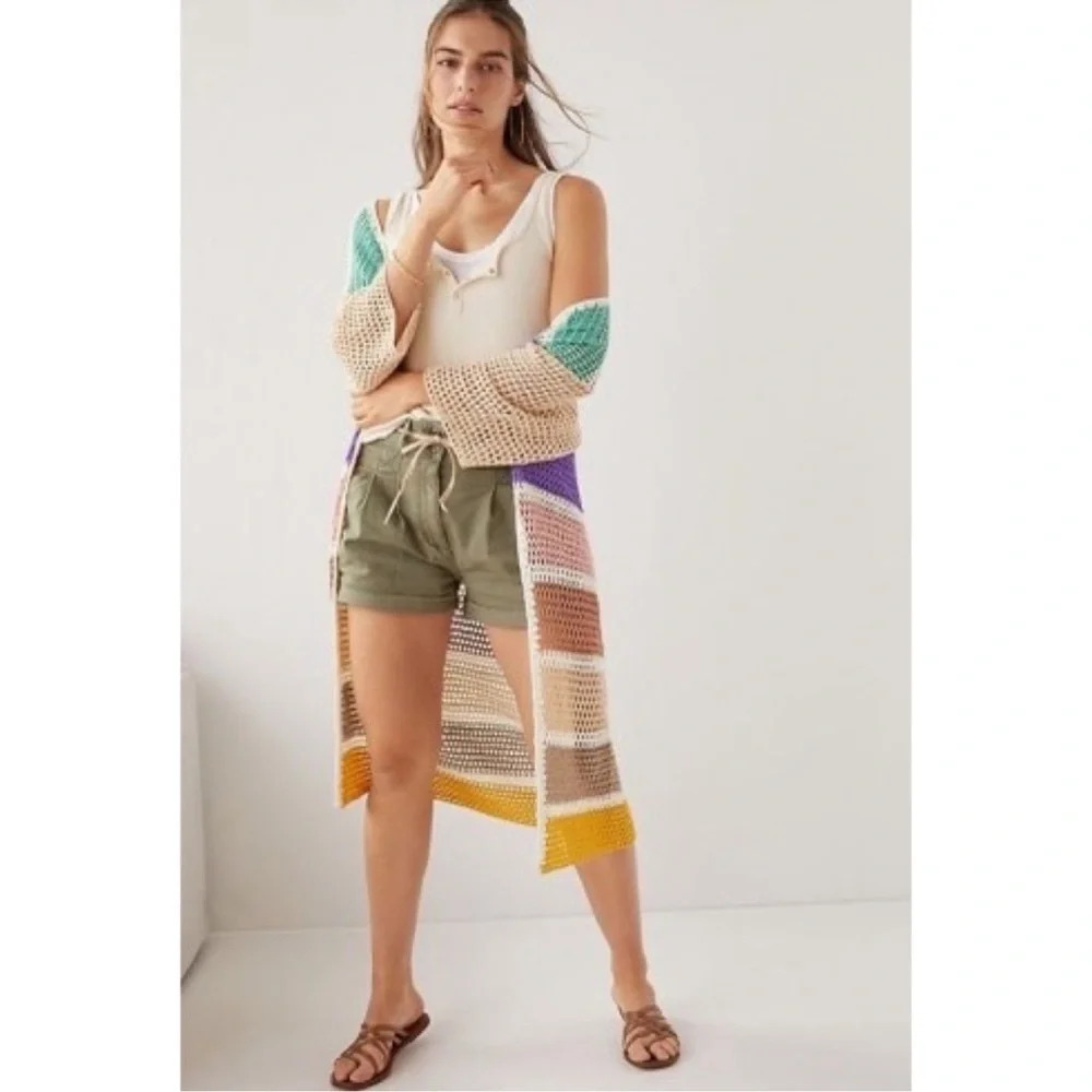 ANTHROPOLOGIE Eliza Colorblock Crochet Long Duster  Cardigan Sweater